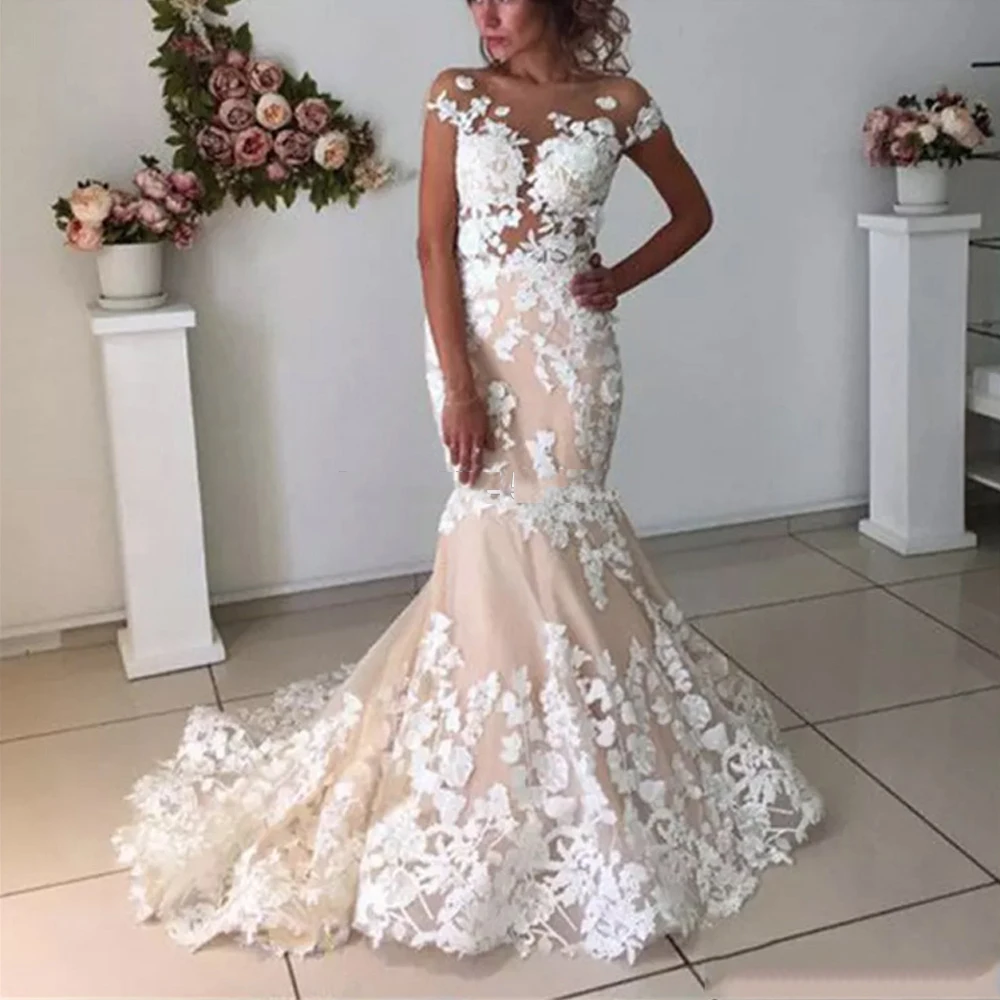 same as image Цвет шампанского, Русалка, свадебные платья, открытая спина, Robe de mariee, винтажная кружевная Цветочная аппликация для свадебного платья, с коротким шлейфом - Color: same as image