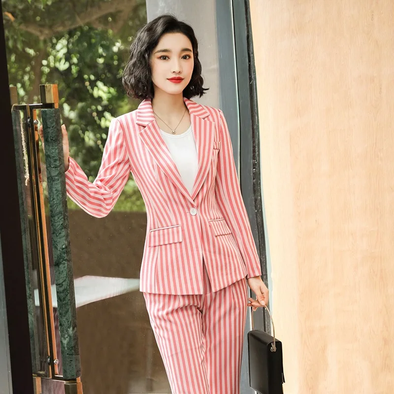 

Elegant Slim Women's Suit Set High Quality Temperament business striped pants suit Autumn and winter new ladies suit two-piece