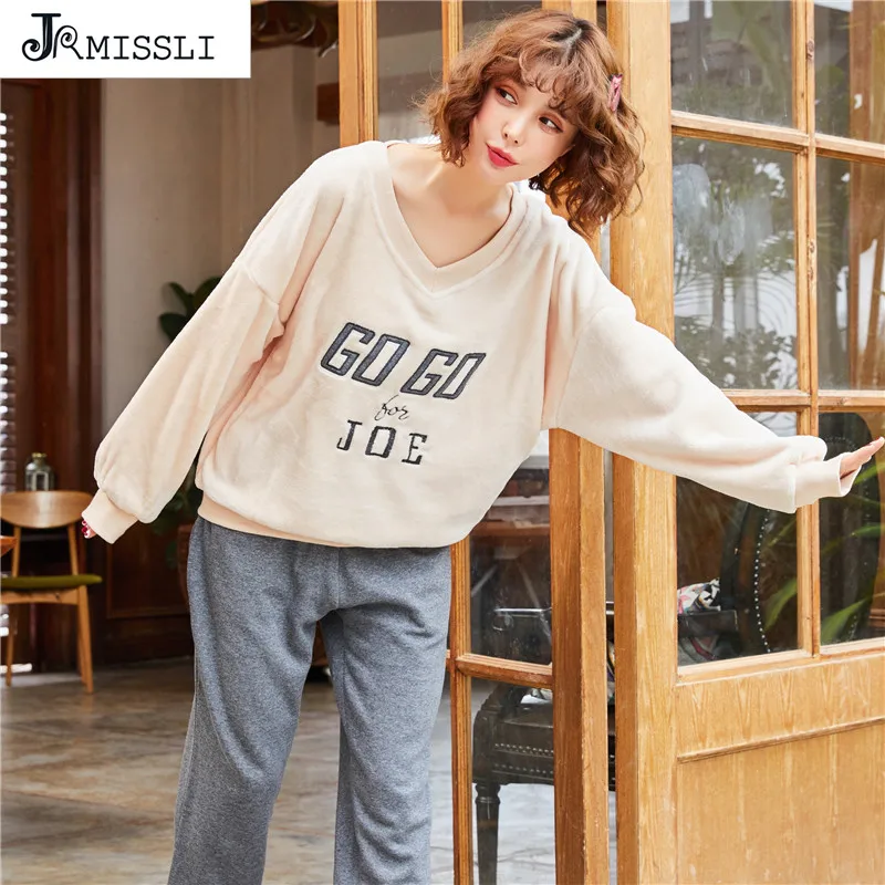 JRMISSLI Winter Thick Warm Women Pajamas Flannel Pyjamas Long Sleeve Casual Soft Girls Coral Fleece Pijama Female Sleepwear | Женская