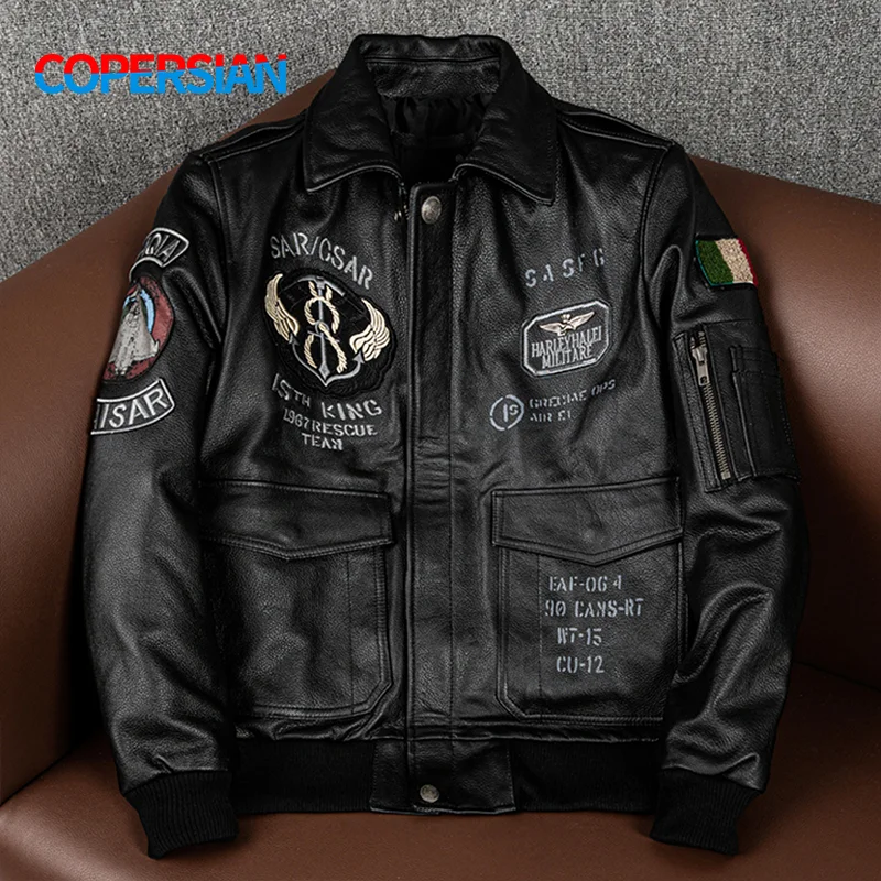 sheepskin coats for sale 2022 New Men’s Flying Suit Genuine Leather Coat Cowhide Leather Indian Embroidery Motorcycle Jackets western sheepskin coat