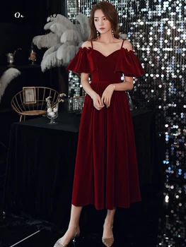 

Wine Red Velvet Evening Dresses Long Elegant Spaghetti Straps Off The Shoulder A-line Tea-length Women Birthday Party Dresses