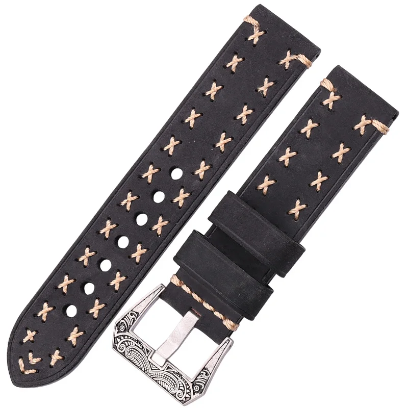 Handmade Genuine Leather Watchband with Retro Stainless Steel Buckle