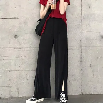 

Women Casual Pants Lady Loose High Waist Wide Leg Pants Elastic High Waist Solid Split Pants