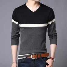 На осень-зиму тонкие свитера для мужчин шерстяное пальто с длинными рукавами для девочек платье с v-образным вырезом, стройнящее платье полосатый джемпер