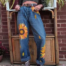 Женские повседневные узкие джинсы, средняя талия, Подсолнухи, узкие брюки, длинные джинсы, женские джинсы, женские джинсы# y2