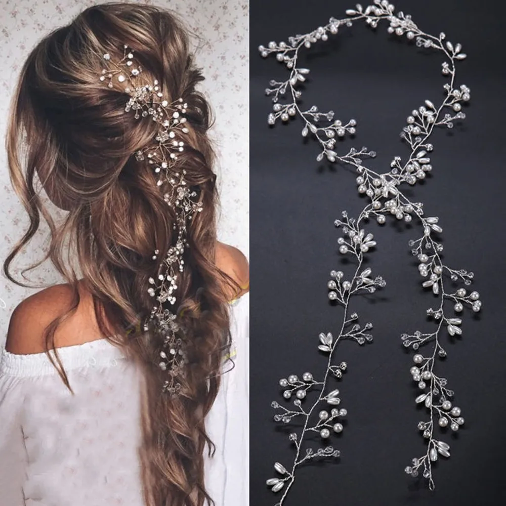 35/50/100/150CM Pearl Crystal Wedding Hair Vine Tiara Bridal Headband Fashion Hair Accessories Romantic Women Hair Jewelry