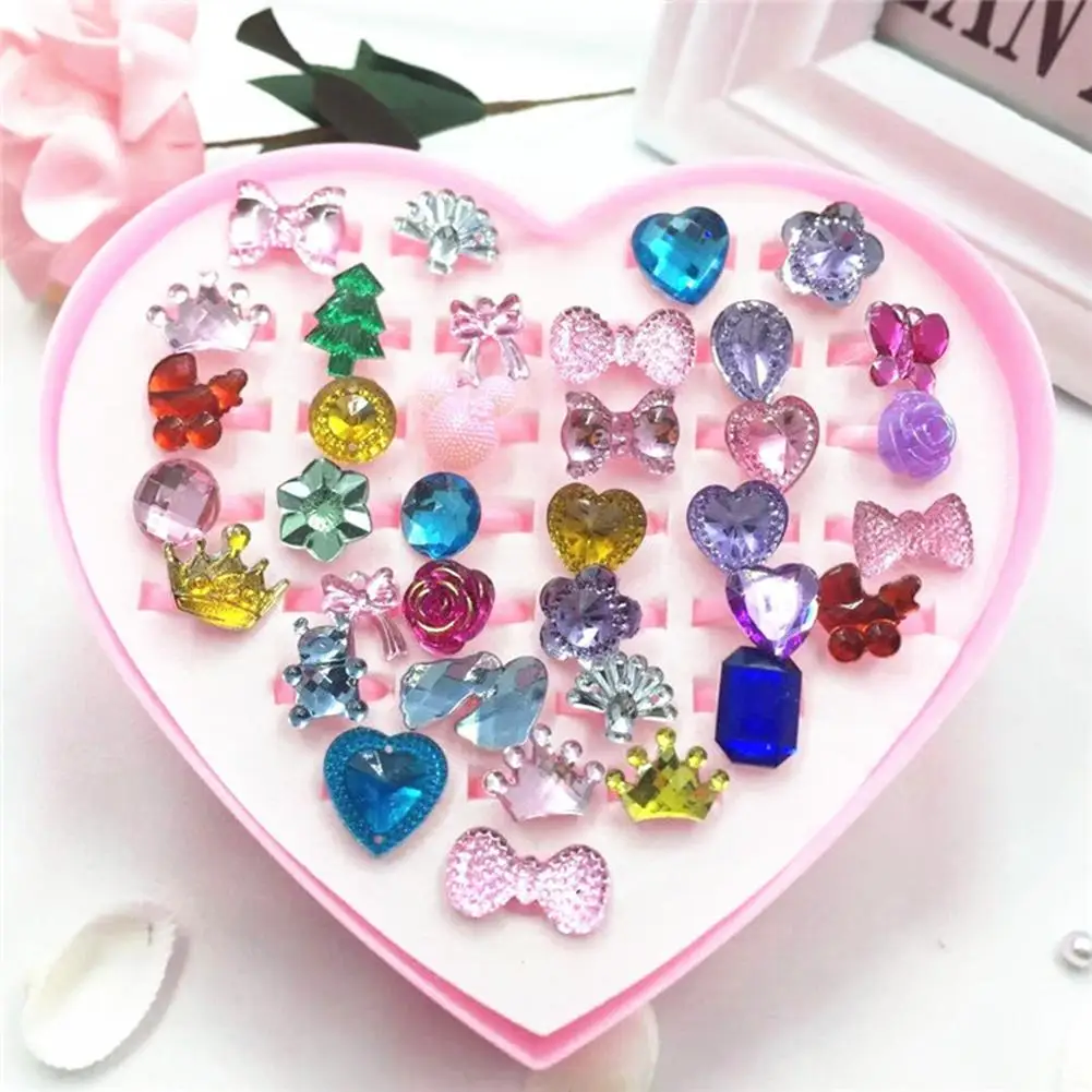 Anillo de resina con diamantes de imitación para niñas y niños, caja de joyería, regalo de cumpleaños, 36 Uds.