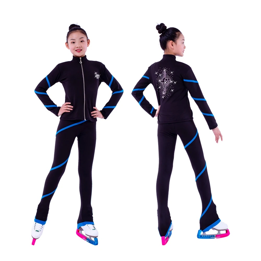 New Ice Figure Skating Jacket Pants Women Girl Trousers Top Black Teens Children Kids Colored Blue Rhinestones Training