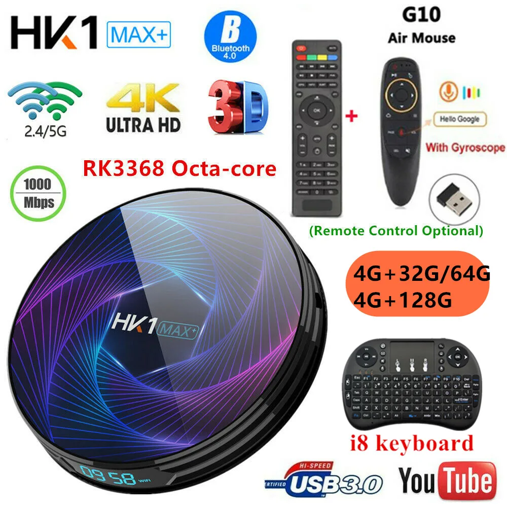 

Voice Control HK1 Max Plus TV BOX RK3368PRO 32G/64G/128G Octa Core Dual WiFi HDMI USB 4K BT 3D Android9.0 Media Player +Keyboard