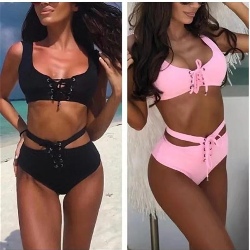 

hirigin New Women Swimsuit Bikini Set Solid Summer Sleeveless Swimwear Bathing Suit High Waist String Bandage Ladies Padded 2020