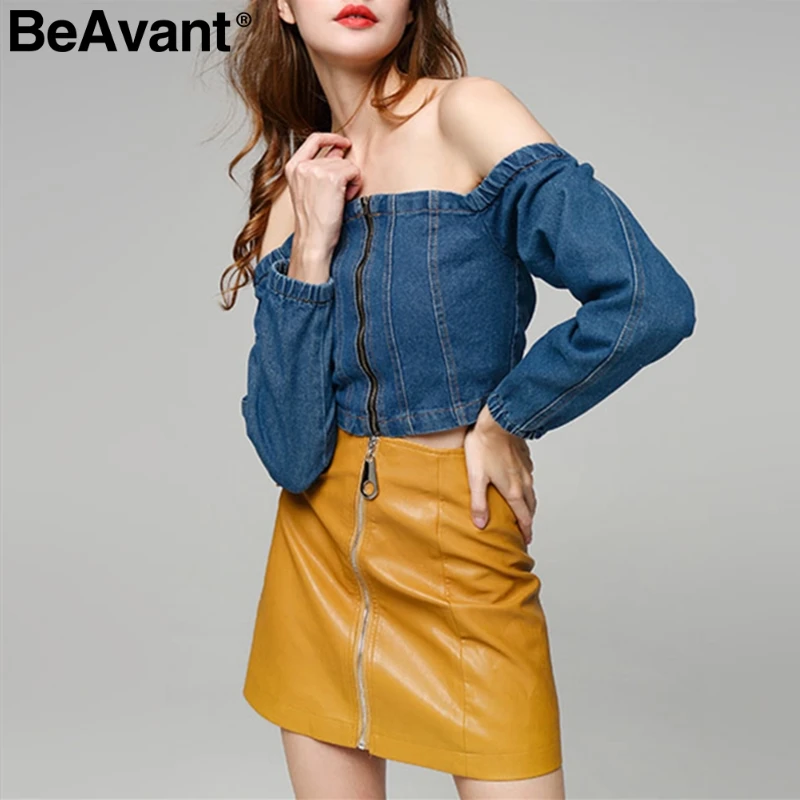 

BeAvant Off shoulder denim blouse women Vintage long sleeve zipper jeans tops shirts Autumn winter ladies streetwear blouses