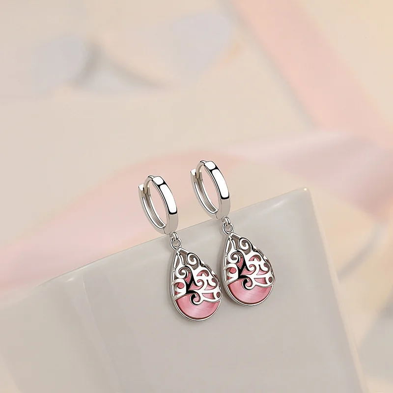 

YANHUI Fashion 925 Sterling Silver Pink Opal Gemstone Drop Earrings For Women Water Drop Temperament Moonstone Brinco Gift EH320
