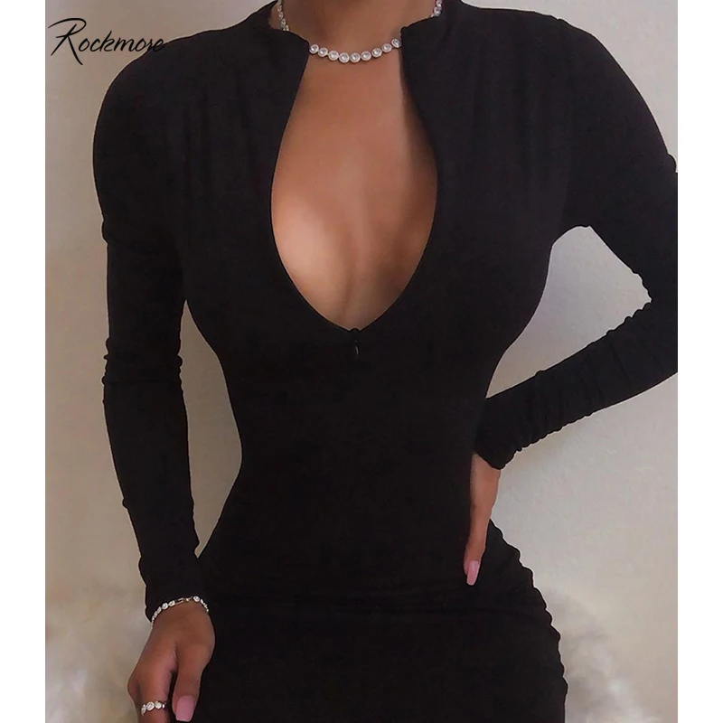 

Rockmore Bodycon Long Sleeve Above Knee Mini Wrap Dress Women Autumn Cotton Black Sexy Zippper Dresses Femme Fall Party Winter