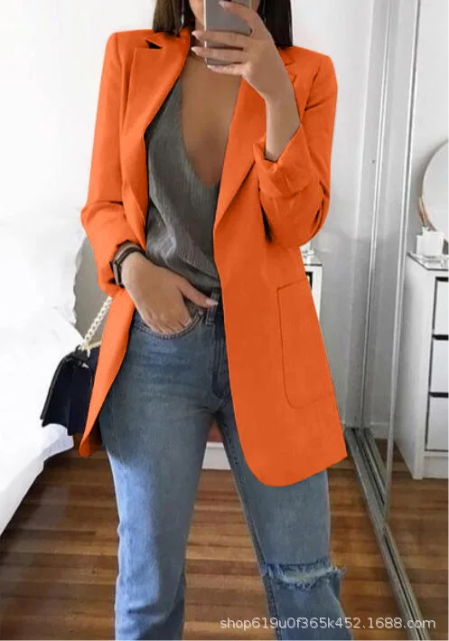 Fashion Slim Blazers Women Autumn New Suit Jacket Female Work Office Lady Suit Pocket Business Notched Blazer Coat Plus Size-85 - Цвет: Orange