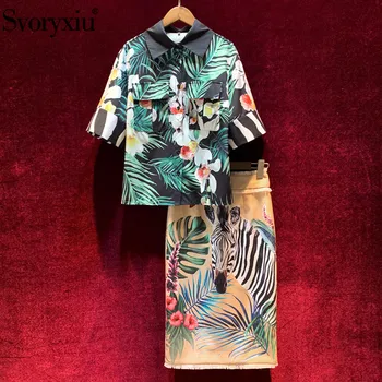 

Svoryxiu Runway Spring Summer Elegant Skirt Suit Women's Half Sleeve Zebra Flower Print Blouse + High Waist Skirt Two Piece Set