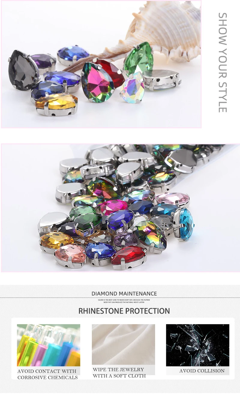 Drop Shape Glass Rhinestones With Claw White K Metal Base Buckle Sew On Crystal Stone Strass Diamond Rhinestones For Needlework