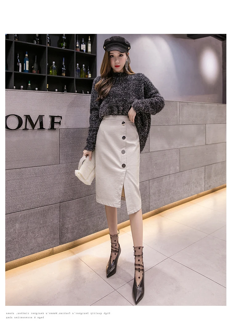 Уличная одежда корейские юбки женские зимние с высокой талией из искусственной кожи юбки женские большие размеры черные миди юбка куртка femme