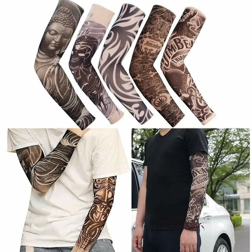 

5 pcs Trendy Tattoo Sleeve Bicycle Sun Cream Hand Long Cuff Cycling Cooling Arm Warmers Hand Cover Sports Outdoor UV Protection