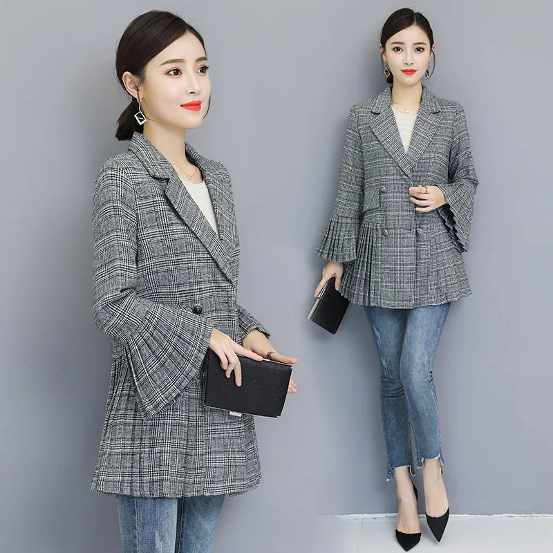 

2018 Autumn WOMEN'S Dress Korean-style Elegant Pleated Bell Sleeve Pattern Suit Jacket Women's