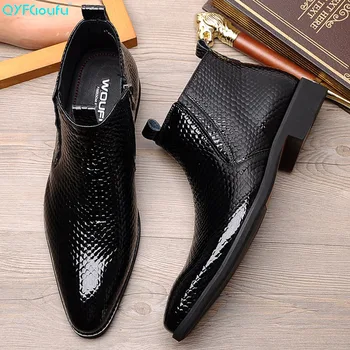 

QYFCIOUFU Black Snake Pattern Flat Ankle Boots For Men Casual Boots With Zipper Men Genuine Cow Skin Men's Chelsea Boots Shoe