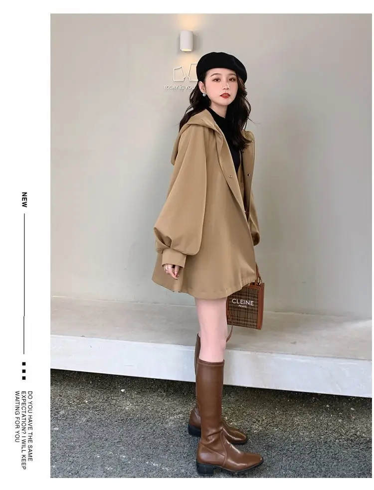 Fashion Elegant Women's Short Windbreaker Trench Coat Autumn and Spring Korean Loose Hooded Plus Size Jacket Original Fabric Parkas