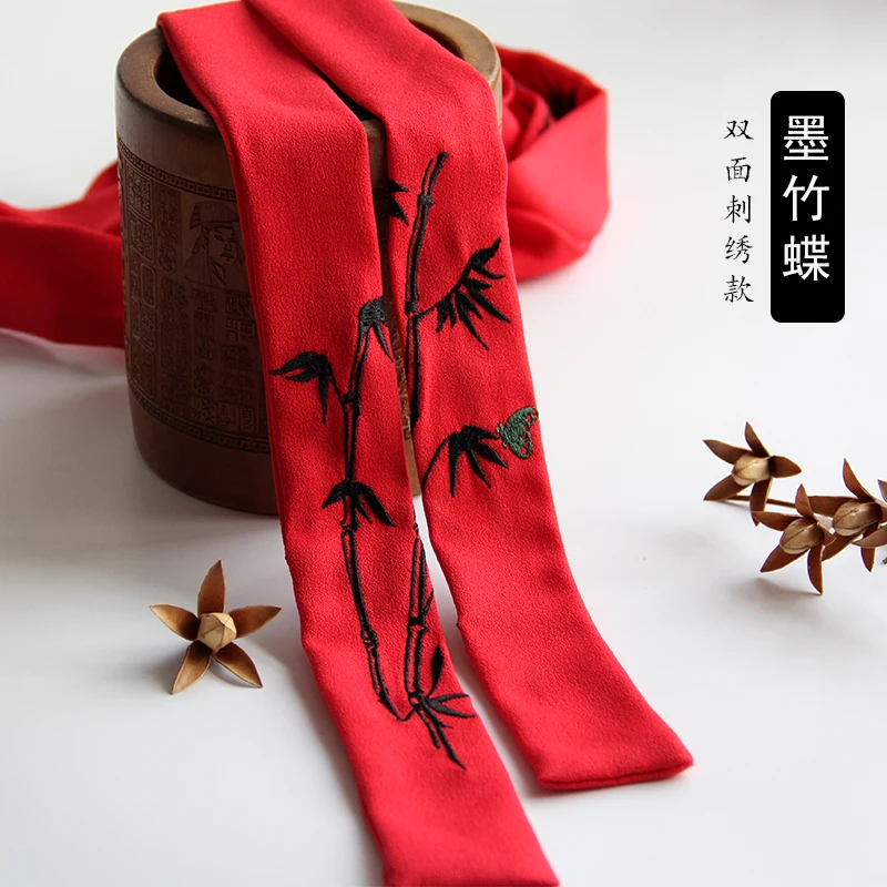 VINTAGE Headband Ancient Chinese hair accessories Double-sided embroidery bamboo hanfu kimono ribbon for COSPLAY SIZE:3.5*148CM - Цвет: red