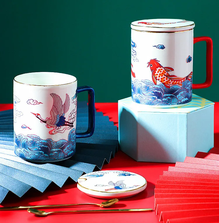 Chinese Traditional Ceramic Coffee Mug With Cover And Spoon Carp Deer Red-crowned Crane Tea Milk Mark Cup Water | Дом и сад