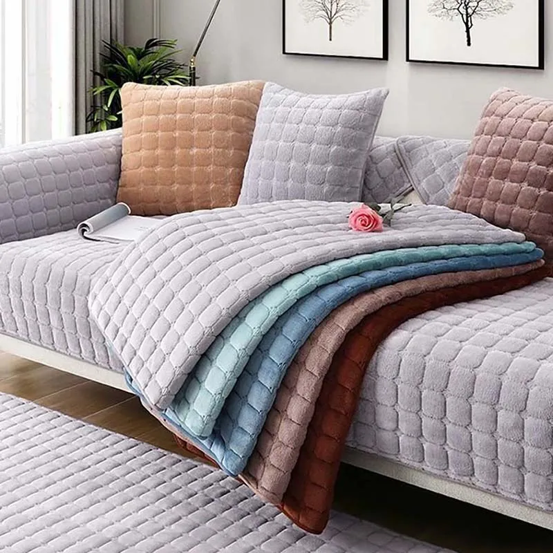 

Thicken Plush Sofa Cover Soft Sofa Towel Cushion Solid Color Corner Sofa Covers For Living Room Decor Slip Resistant Couch Cover