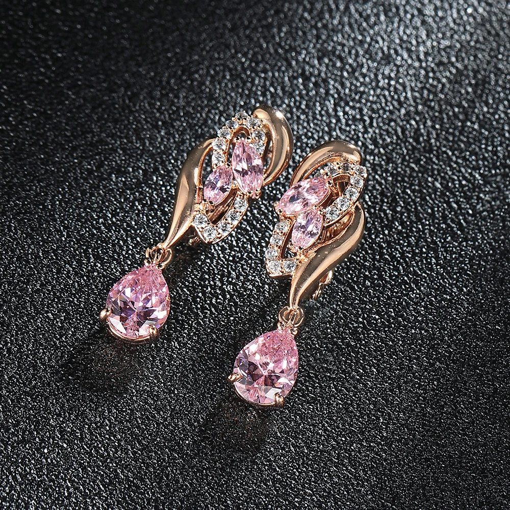 Drop Earrings Crystal Earrings Cubic Zirconia Rose Gold Color Pink Crystal Earring Fashion Jewelry Party Accessories Woman Gift