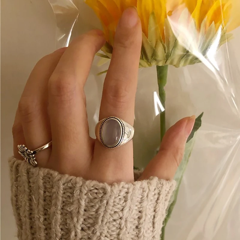 Foxanry silver color couples rings for women trendy vintage handmade white agate elegant wedding party jewelry gifts silver ring wedding rings
