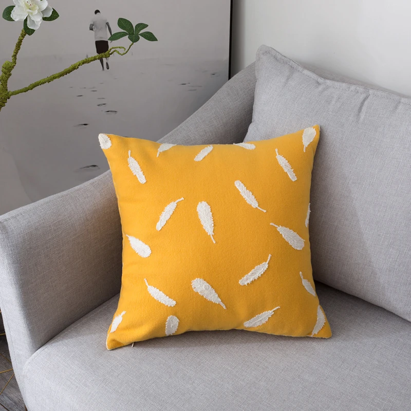 

50x50cm Korean Plush Yellow 3D Feather Embroidery Sofa Throw Pillowcase Coffee Shop Cushion Cover Home Decoration
