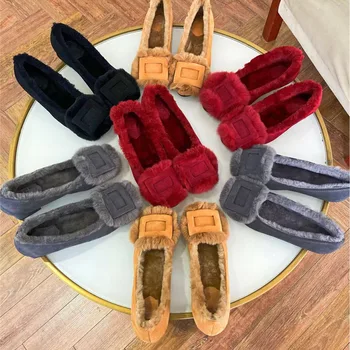 

Women Pumps Real fur Shoes 2019 New Fashion Ladies Wool Shoes Slip on Pink Black Casual Spring Winter Plush Women Footwear