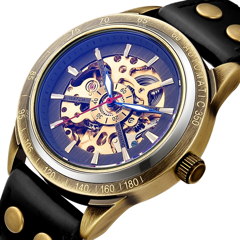 Creative Skeleton Mechanical Wristwatch Automatic Self Winding Watches Men Leather Steampunk Clock Without Battery Uhr Reloj luxury gold watch for men hip hop jewelry multifunctional moon phase watches power by battery square diamond clock droshipping