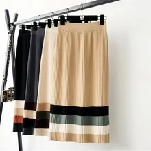Модная полосатая Лоскутная длинная трикотажная Женская юбка осень зима эластичные юбки с высокой талией размера плюс элегантные женские юбки Falda