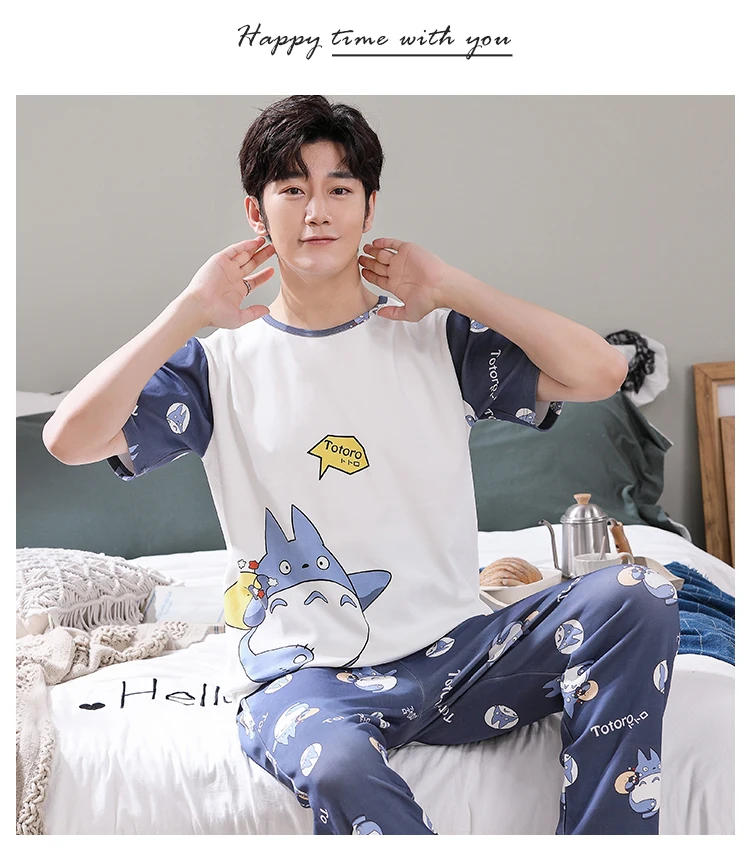 Summer Knitted Cotton Cartoon Mens Pyjamas Pajamas Casual Short Sleeve Long Pants Sets Men's Sleep Lounge Night Pijamas 4XL Home men's silk pajamas