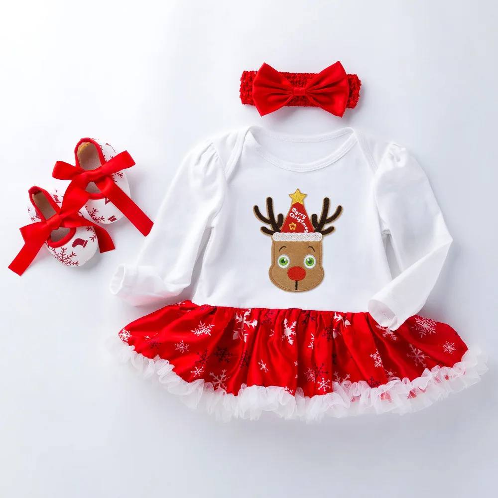 Рождественская одежда для малышей Одежда для девочек на первое Рождество для новорожденных Новогодняя одежда для малышей комплект из 3 предметов: платье+ повязка на голову+ обувь