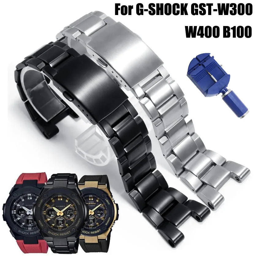 Solid Stainless Steel Watch Band For Casio G-shock Gst-w300 W400