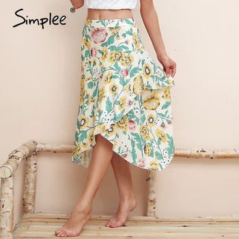

Simplee Irregular ruffle bohemian print skirt High waist casual midi skirt women 2018 Fashion floral summer beach skirt female