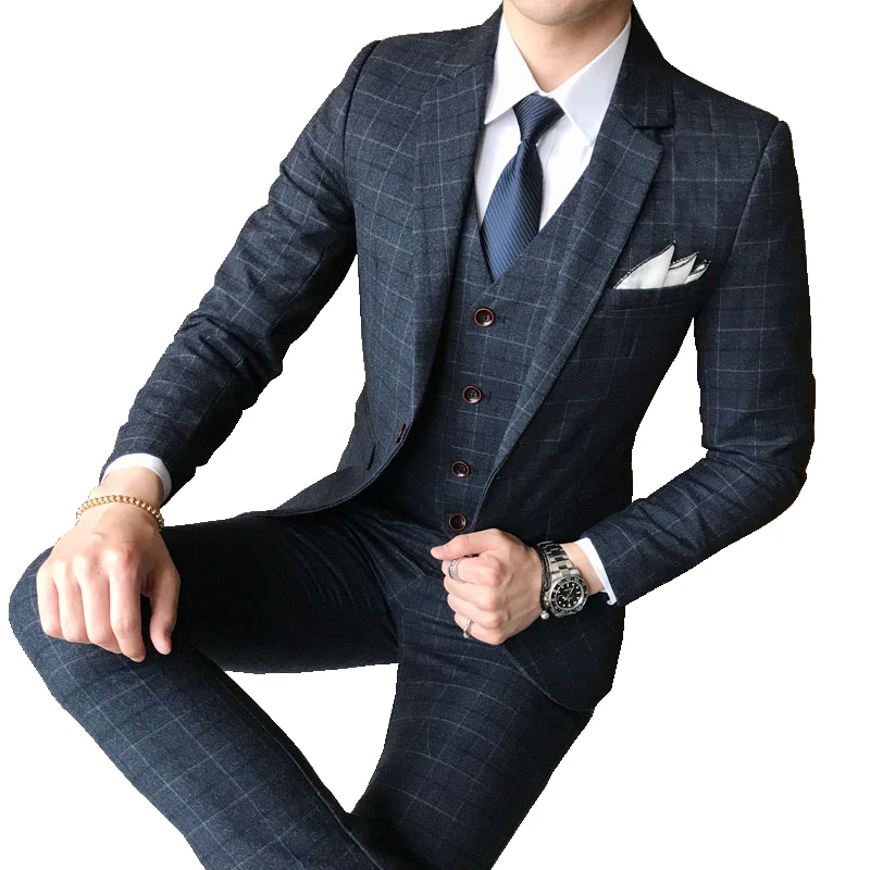 

( Jackets + Vest + Pants ) Nice New Boutique Fashion Plaid Mens Formal Suit Groom Wedding Suits / Male Plaid Business Suits Mens