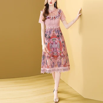 

Gedivoen Fashion Runway Summer Dress Women Short Sleeve Patchwork Ruffles Midi Dress Vintage Chiffon Print Dresses Vestidos