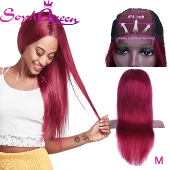 

Soph Queen 4*4 Lace Closure Straight Human Hair Wigs Medium Ratio Burgundy 99J 1B/27 Peruvian Remy Hair Wig Pre Plucked Hairline