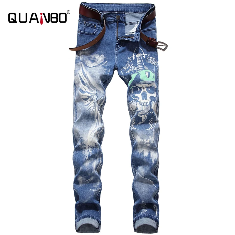 QUANBO Men's Fashion 3D Pattern Street Jeans Letters Printed Gothic Jeans Man Skinny Black Blue Designer Denim Pants 42 QUANBO Men's Fashion 3D Pattern Street Jeans Letters Printed Gothic Jeans Man Skinny Black Blue Designer Denim Pants 42