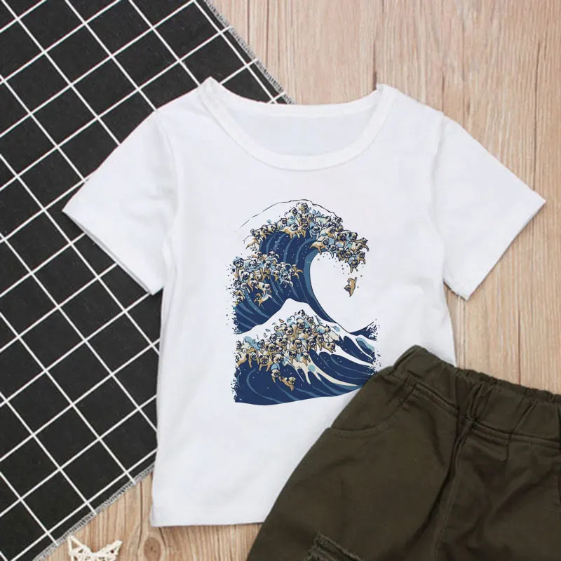 9575 Новинка года; футболки для мальчиков; детская футболка; модные футболки для девочек с принтом акулы и волн; футболки для отдыха с круглым вырезом - Цвет: 9575