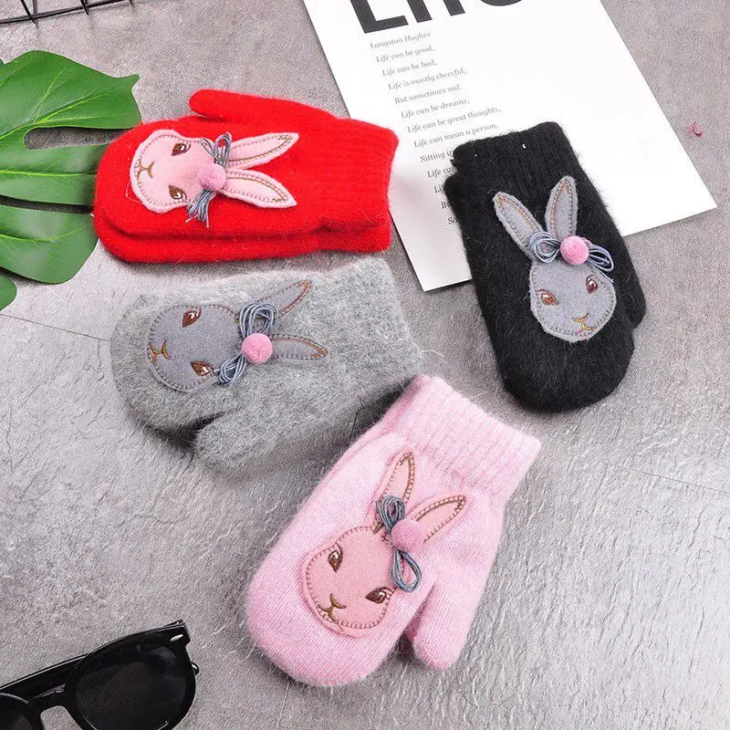 Baby New Cute Cartoon Rabbit Gloves Winter Knit Wool Newborn Mittens Velvet Thick Children Kids Keep Finger Warm 3-8 Years Old