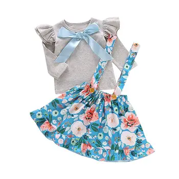 

Autumn Kid Girls Clothes Set Solid Color Long Flying Fashion Cotton Leisure Daily Printing Sleeve Tops Suspender Skirt