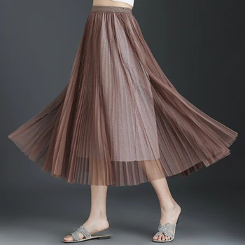 

faldas mujer moda 2020 Bohemian elastic waist glitter mesh Pleated Skirt Midi Long Skirts jupe longue femme