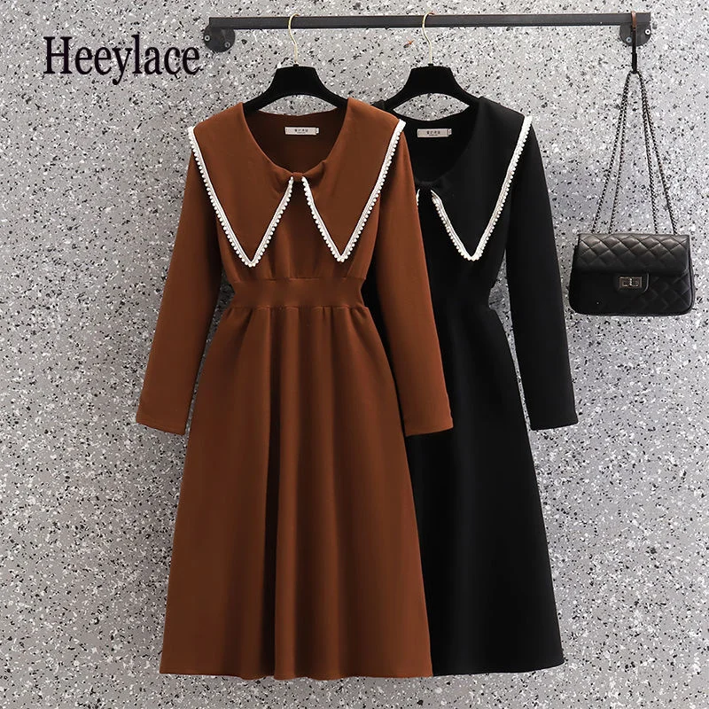 

Women Korean Casual High Waist A-line Dress Female Peter Pan Collar French Vintage Solid Vestido De Fiesta