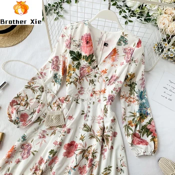 

Women Sweet Floral Print A-line Dress 2020 Autumn V Neck Long Sleeve Elegant Party Vestidos J174