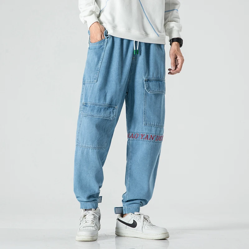 New Trousers Summer Baggy Homme Classic Cargo Pocket Jeans Mens Blue Color Casual Pants Biker Denim Trousers New Trousers Summer Baggy Homme Classic Cargo Pocket Jeans Mens Blue Color Casual Pants Biker Denim Trousers