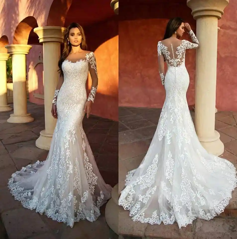 2020 Gorgeous Lace Mermaid Wedding Dress Dubai African Arabic With Skin